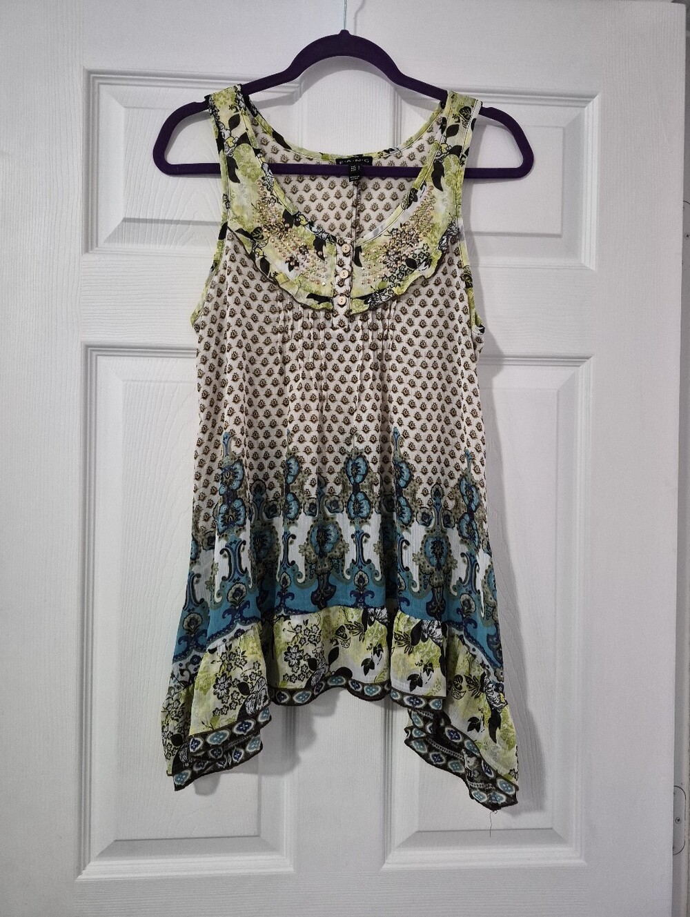 FANG Floral Border Print Handkerchief Tank in Cream, Teal & Lime